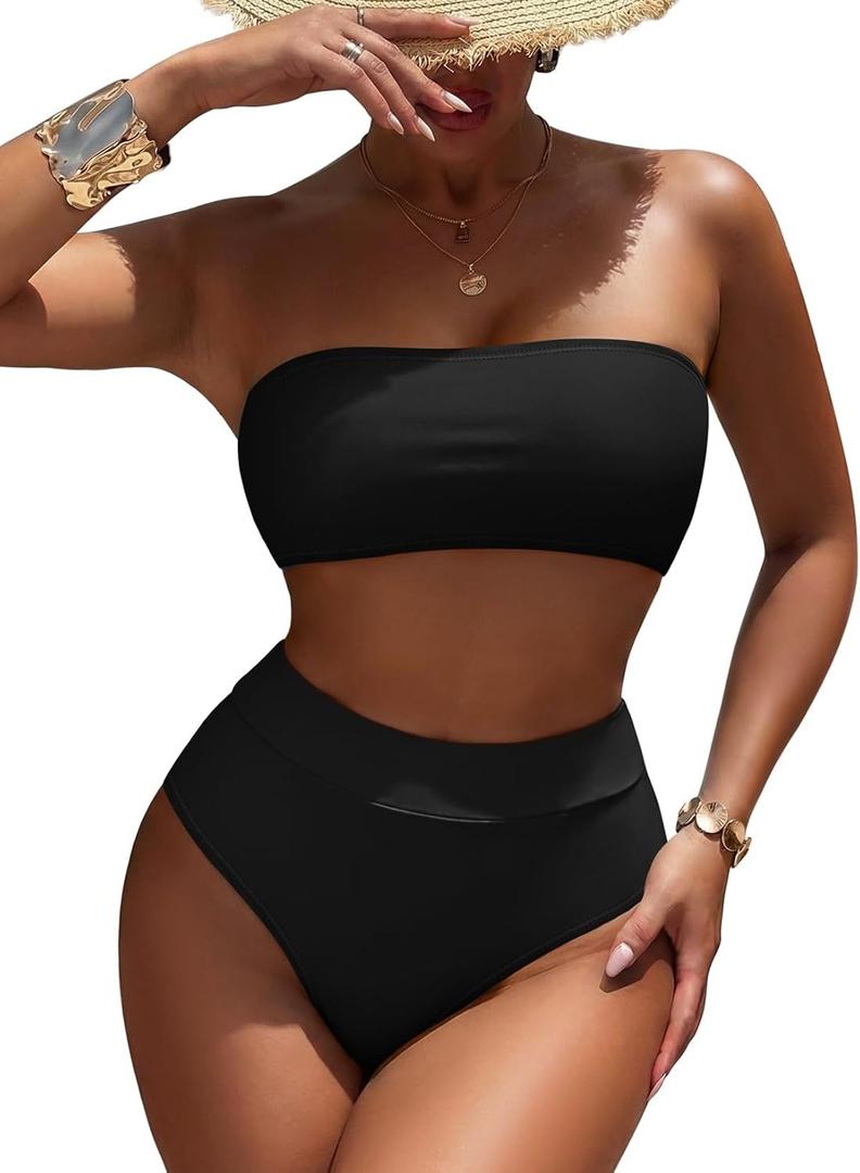 Pink Queen Women's High Waist Bikini Set Removable Strap Bandeau Two Piece Swimsuit Bathing Suit (Large, Black)