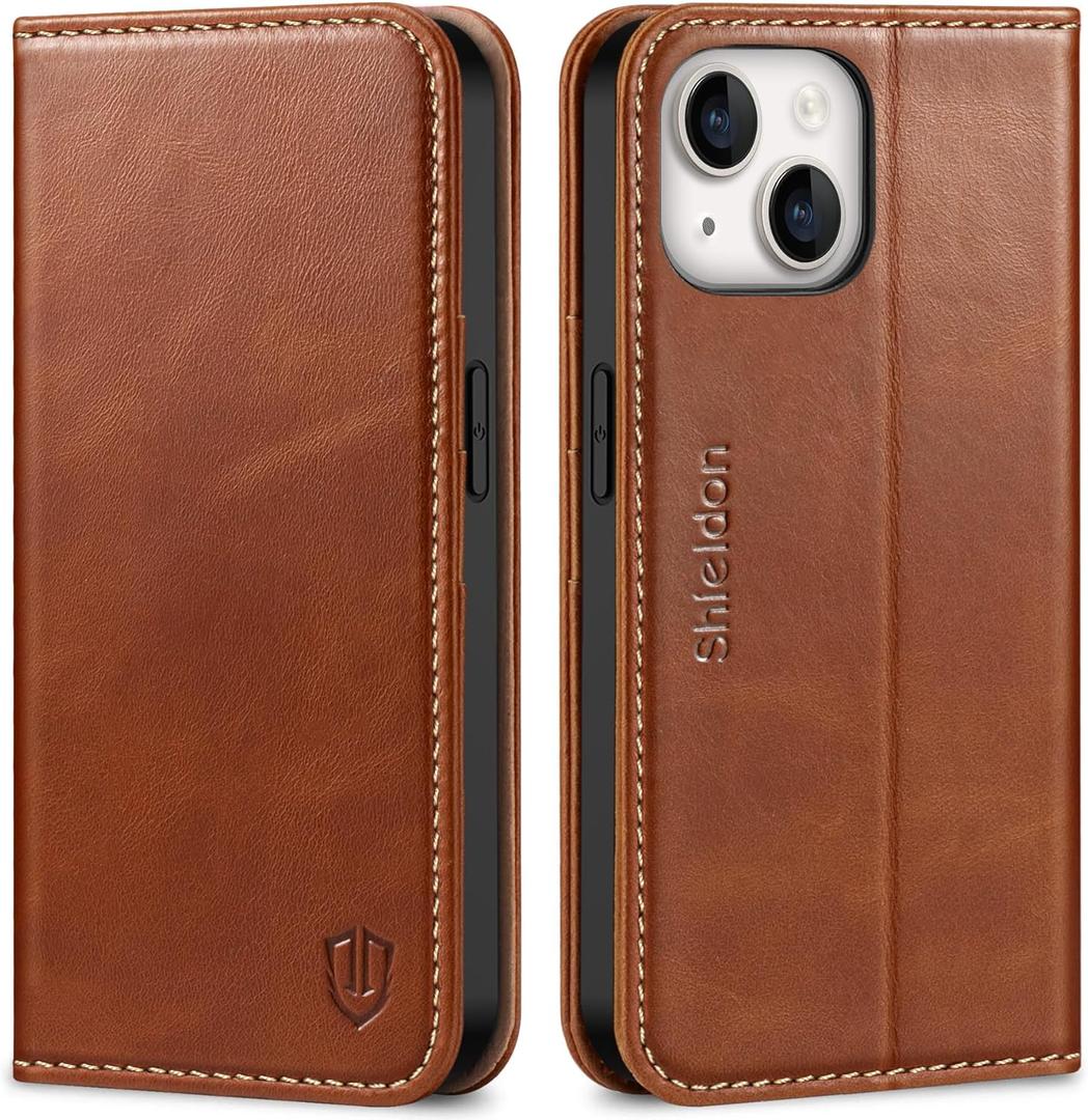 SHIELDON Case for iPhone 14 6.1" 2022, Genuine Leather Folio Wallet Case Magnetic Closure RFID Blocking Credit Card Slots Kickstand Full Protection Cover Compatible with iPhone 14 - Retro Brown