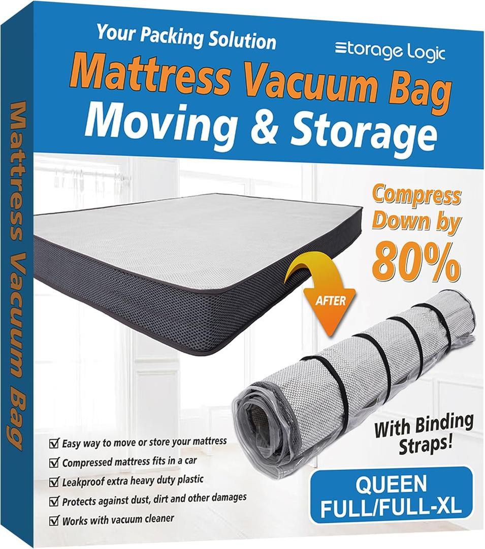 Storage Logic Queen/Full/Full-XL Foam Mattress Vacuum Bag for Moving, Vacuum Seal Mattress Bag with Straps