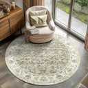 jinchan Fiora Round Rug 6ft Area Rugs Vintage Floral Distressed Design - Machine Washable Non-Slip Low-Pile Ultra-Thin Circle Rug for Entryway Bedside Living Room Dining Room Bedroom (6' Round, Taupe)