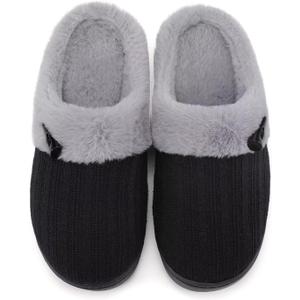 NineCiFun Women's Slip on Fuzzy Slippers Memory Foam House Slippers Outdoor Indoor Warm Plush Bedroom Shoes Scuff with Faux Fur Lining (9-10, Black Grey)