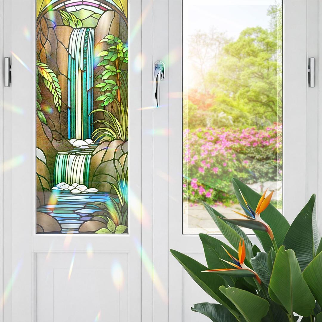 2 x Decorative Waterfall Stained Glass Window Film, Waterfall Stained Glass Window Film for Bathroom Door Heat Anti UV