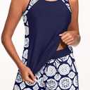 Yonique Women Tankini Swimsuit with Shorts - Tummy Control Two Piece Bathing Suit Swimwear with Sporty Pockets (M)