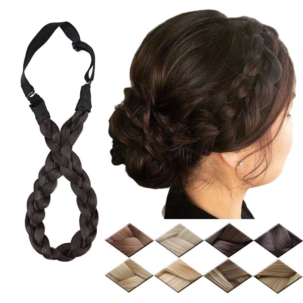 Synthetic Chunky Braided Headband - Elastic Stretch Wide Plaited Braids - Trendy Girls Women (Dark Brown, Small-three strands)
