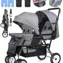 Double Stroller for Infant Toddler, Foldable Double Baby Stroller with Tandem Seating and Adjustable Backrest - Extra Gift Toys/Mosquito Net/Sleeping Mats/ 2 Hooks/ 2 Cotton PadsGrey
