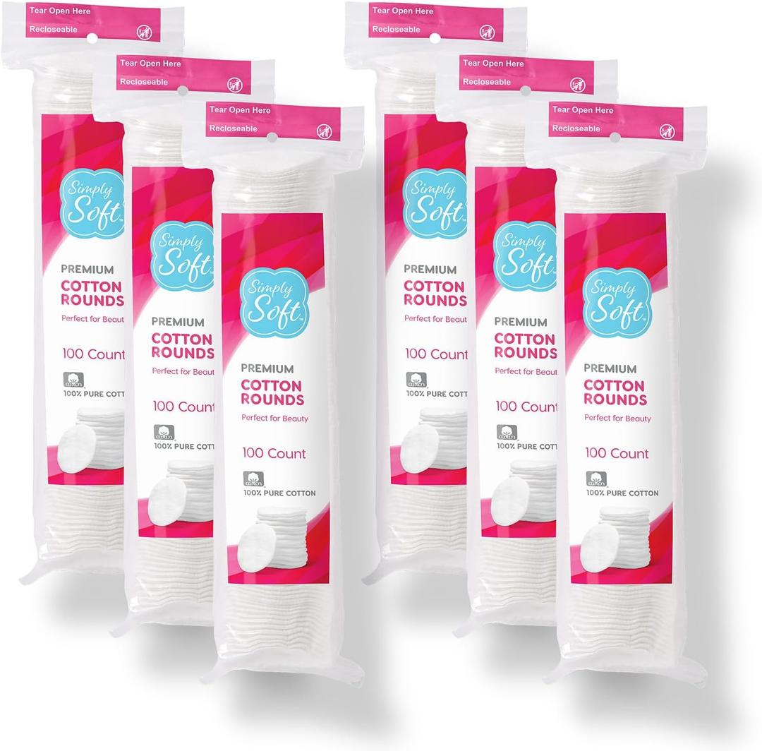 2 x Simply Soft Premium Cotton Rounds, 100% Pure Cotton, Absorbent Cotton Pads, 100 Count (Pack of 6)