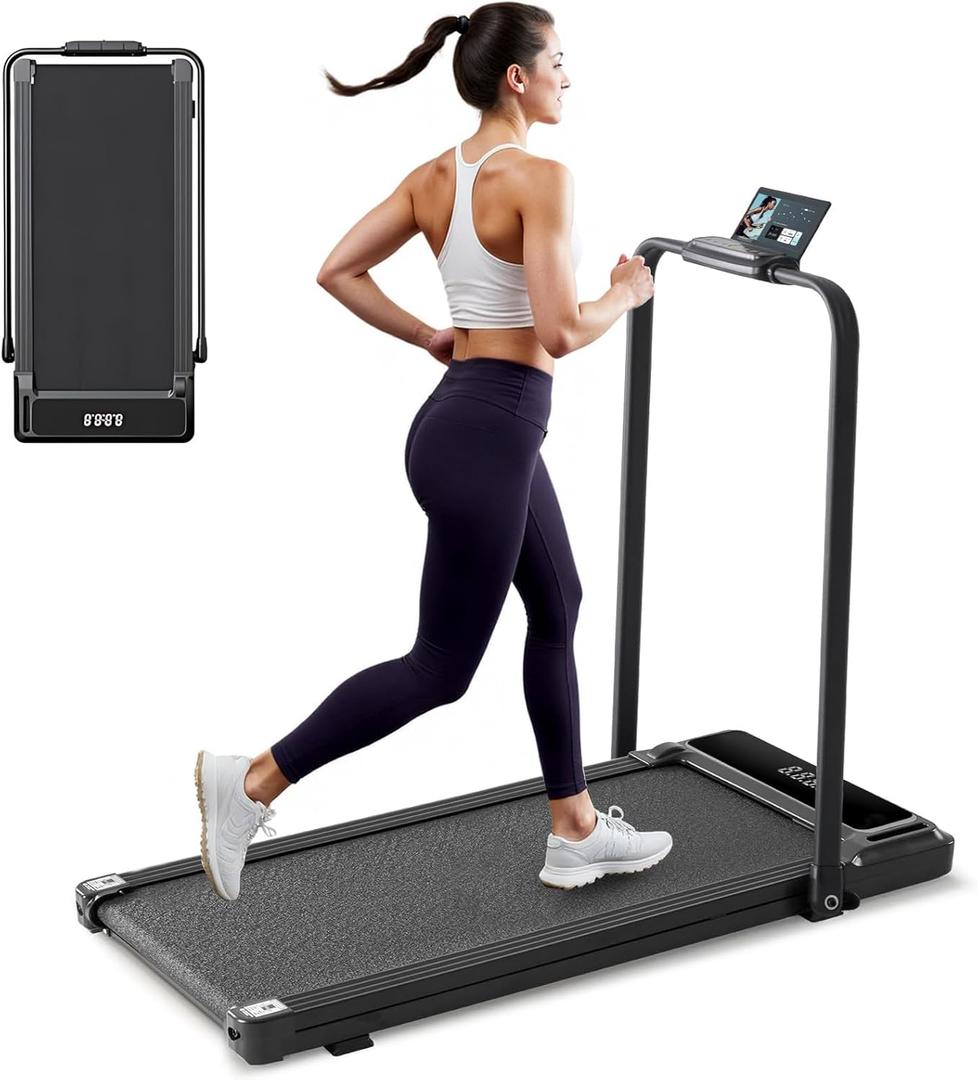 Walking Pad Under Desk Treadmill, Portable Compact Electric Walking Treadmill with Foldable Handle Bar, Quiet Fitness Machine with Remote Control & LED Display for Home Office, Black