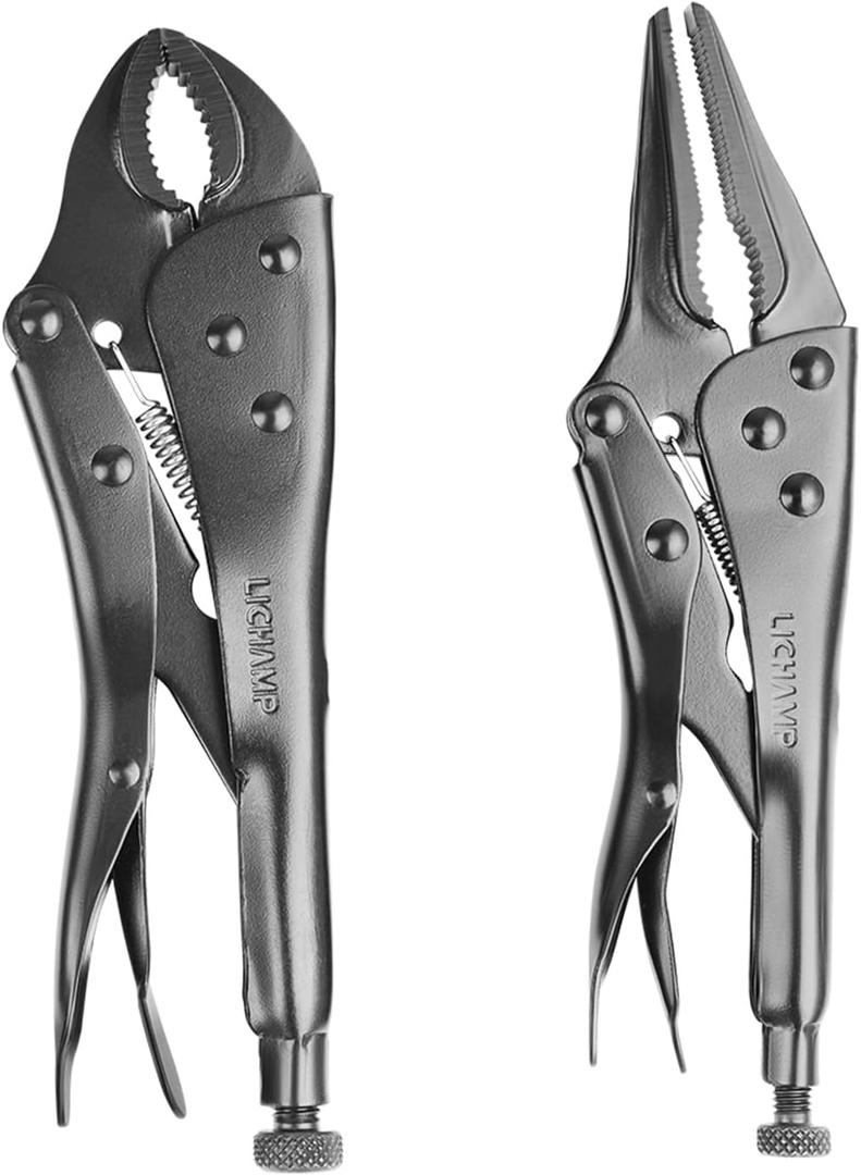 Lichamp Locking Pliers Set - 10 inch Curved Jaw and 9 inch Long Nose Vise Pliers, Vise Grips for Automotive, Plumbing, Metalworking