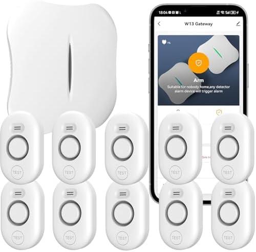 WiFi Water Leak Detector for Home with App Notification, 1 Gateway+9 Sensor, 120dB Flood/Drip Alarm for Basement/Kitchen/Bathroom/Toilet/Laundry Room, Under Sink/Drain/Pipe Leakage, W13+WD61x10-White