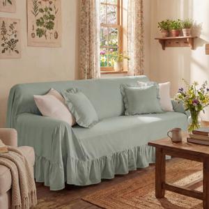 Sage Green Cottagecore Couch Cover with Ruffle Farmhouse Sofa Slipcover One Piece Cotton Sofa Cover for 3 Seat Washable French Country Living Room Decor (118" w X 71" h)