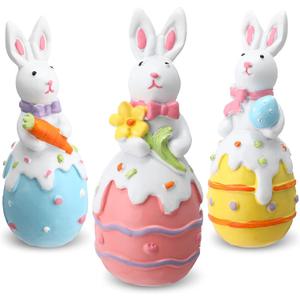 Wesiti 3 Pcs Easter Bunny Decorations Resin Easter Egg Figurines Spring Easter Rabbit Egg Flower Carrot Tabletop Decor for Easter Party Gifts Indoor Centerpieces Decorations