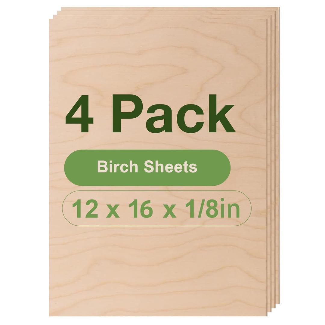 Rowood 4 Pack Birch Plywood Sheets,12x16x1/8inch,Birch Plywood 3mm Wood Sheets Thin Unfinished Wood for Laser Cutting and Engraving,DIY Adult Craft Project Kits for Ornaments, Models Drawing