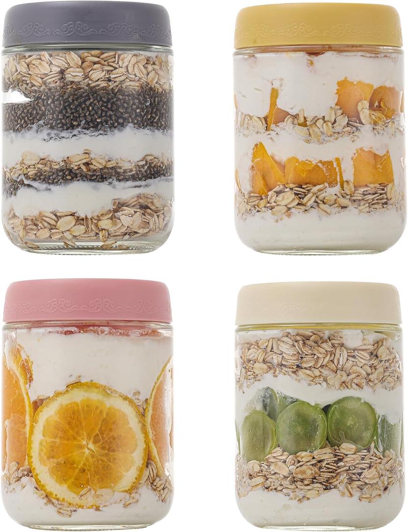 16 OZ 4Pack, Overnight Oats Jars with Lids, Glass Meal Prep Containers, Airtight Mason Jars for Breakfast, Yogurt Parfait, Salad & Smoothies, Leakproof and Reusable Food Storage Jars(4-2)