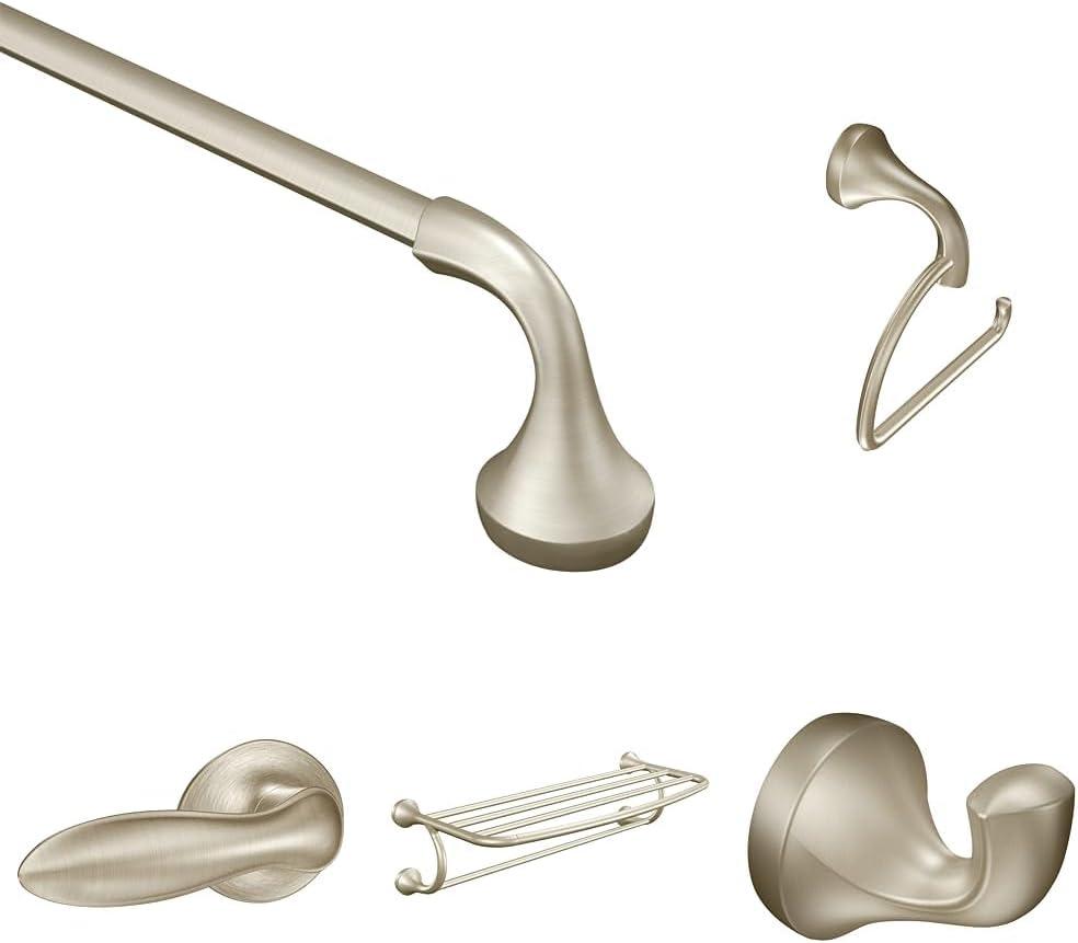Bundle of Moen Eva Brushed Nickel 18" Wall-Mounted Single-Towel Bar, YB2818BN, Robe Hook, YB2803BN, Single Post Toilet Paper Holder, YB2808BN, 26" Wide Towel Shelf, YB2894BN, and Tank Lever, YB2801BN