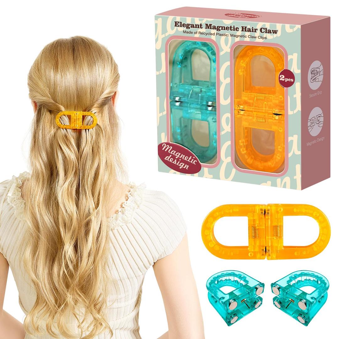 Magnetic Hair Clips 2-Pack | Hair Clips for Styling & Thick Hair | Claw Clips & Barrettes for Women | Strong Hold Non-Slip No-Crease Hair BarrettesBlue + Orange
