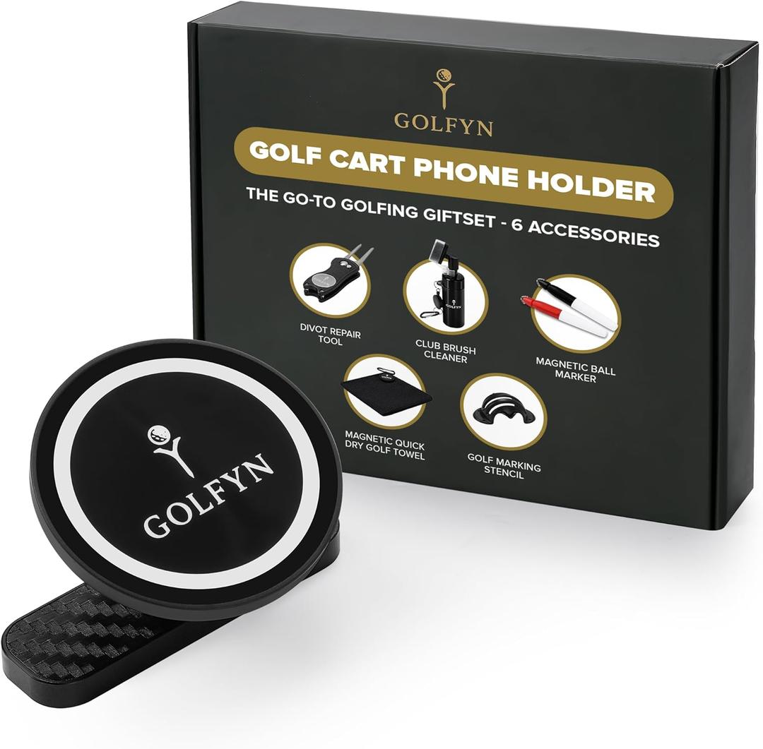 Magnetic Golf Cart Phone Holder - Go-to Golf Cart Phone Holder Mount Gift Set, 6-in-1 Kit and Accessories Bundle for Men and Women, Compatible with iPhone, Android, MagSafe
