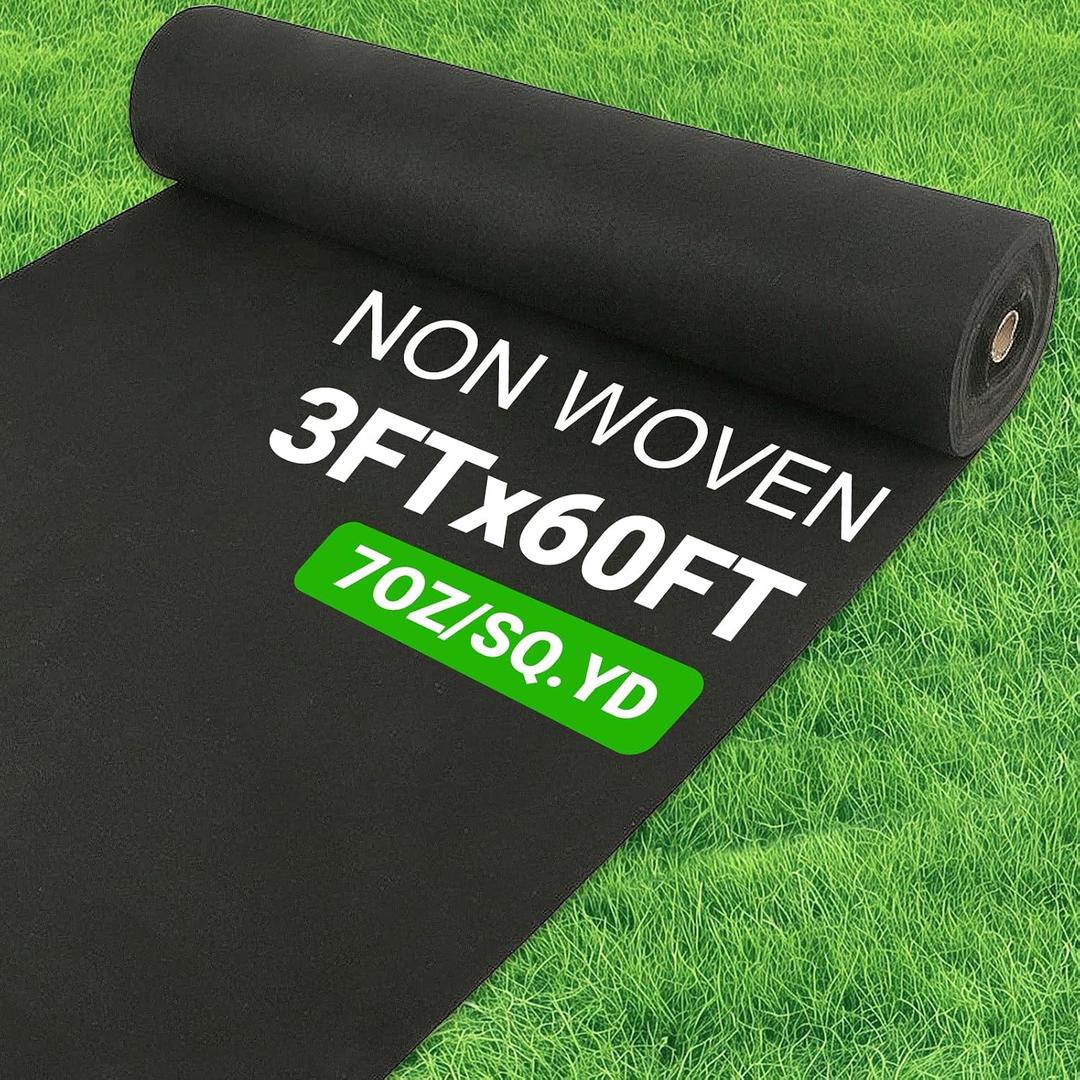 7oz Non Woven Geotextile Fabric with Stakes for French Drains, 3x60FT High Permeability Drainage Fabric Heavy Duty Landscape Fabric for Gravel Grid, Garden, Flower Beds, Weed Control, Erosion Control