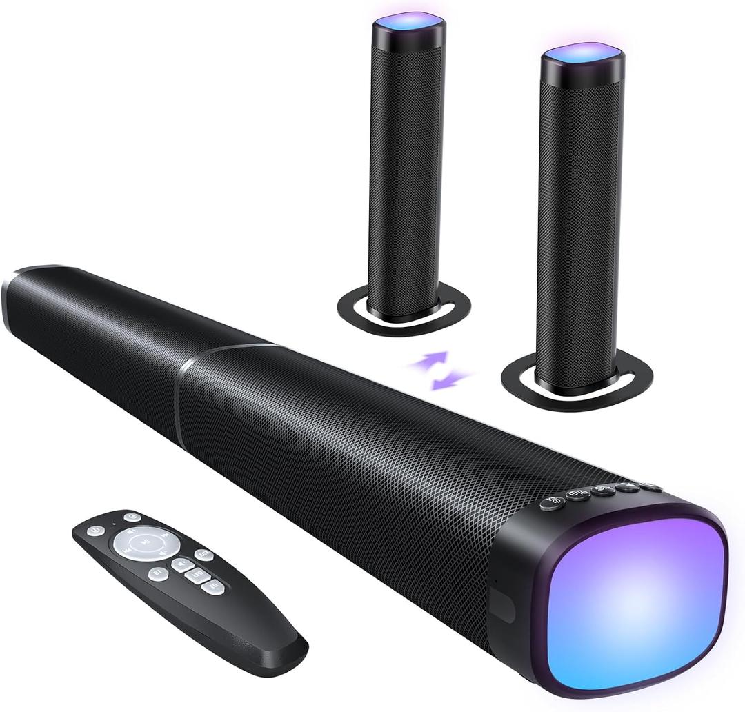 Sound Bar for Smart TV, 100W Sound Bar with 3 Dynamic RGB Lights,Bluetooth 5.3, ARC/Opt/AUX Connect, Dynamic Volume 3 Equalizer Modes,2 in 1 Detachable Soundbar for TV/PC/Gaming/Projectors