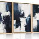 HLNIUC Navy Blue Abstract Wall Art Set of 3, Gray White Modern Neutral Art Decor(16x24), Minimalist Brush Strokes Wall Painting, Dark Geometric Textured Canvas Prints for Living Room, Bedroom, Office