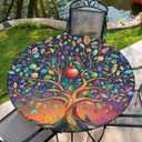 Round Fitted Tablecloth with Elastic, Waterproof Tablecloth for Kitchen Party Picnic, Tablecover for 46"-50" Table, 52Inch Tablecover, Life Tree