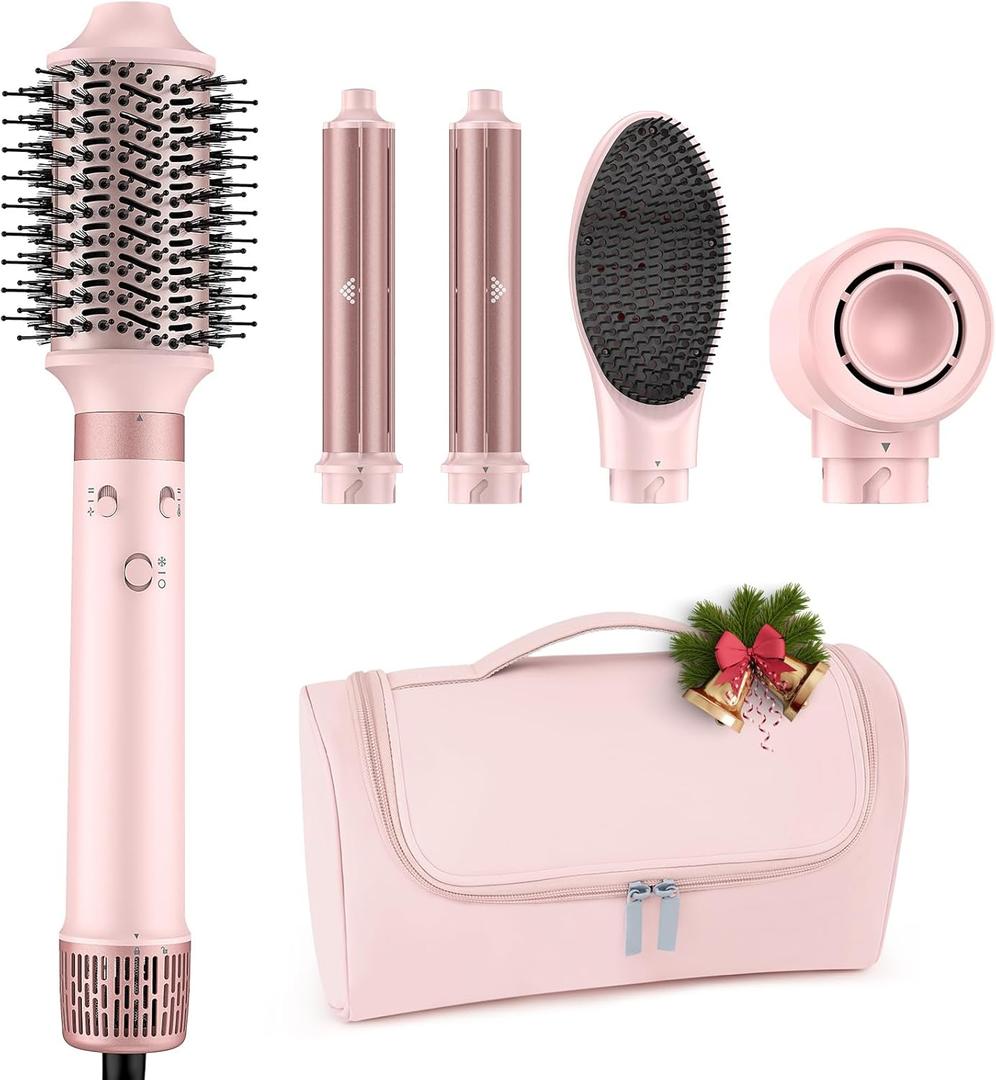 Dual Voltage Hot Air Styler Wrap - 5 in 1 Hair Dryer Brush with Fast Drying Blow Dryer, Styling, Straightening & Volumizing with Travel Bag (100V240V) Gift for Women (Pink)