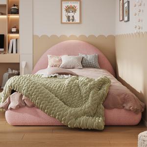 Merax Twin Bed Frames with Arch Shaped Headboard, Pink Fleece Cloud Upholstered Bed Frame, Twin Floor Bed Frame with Solid Wood Slats, No Box Spring Required, Noise-Free, Easy Assembly