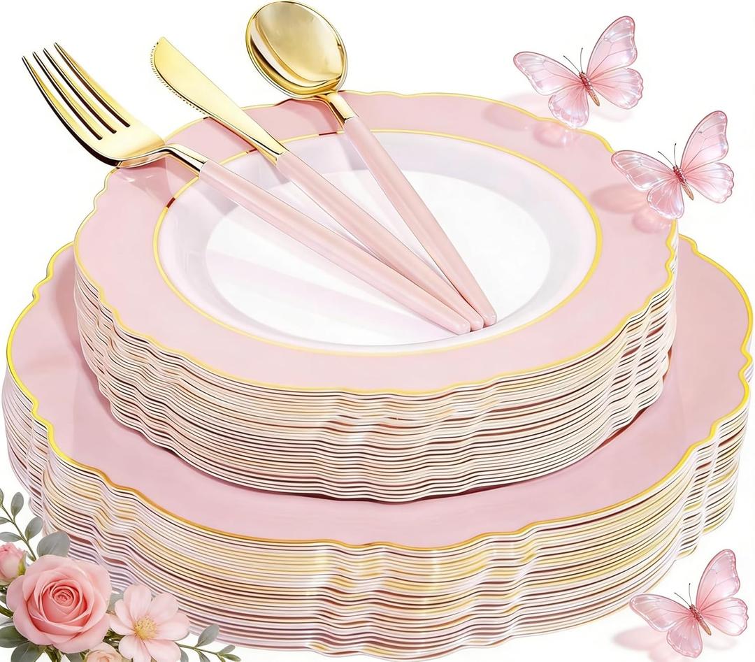 WDF 30Guest Pink Plates Disposable - Hign-end Baroque Design - Gold Plastic Silverware with Handle-Baroque Pink &Gold Plastic Dinnerware for Baby Shower/Wedding/Spring/Mother's Day