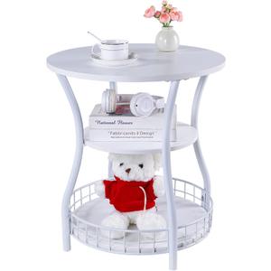 Round Side Table, 3-Tier Circular End Table with Storage Shelf,White Accent Sofa Table for Small Spaces,Round Corner Coffee Table Nightstand for Living Room, Bedroom,19.6 inch Diameter