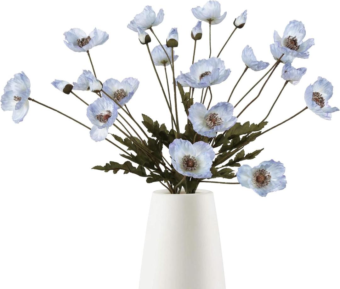 IPOPU Vintage Light Blue Poppies Flowers Artificial 6PCS Silk Poppies Realistic Faux Flowers for Vase Artificial Poppies Blue Fake Flowers for Centerpieces Bridal Shower Party Decor (Light Blue)