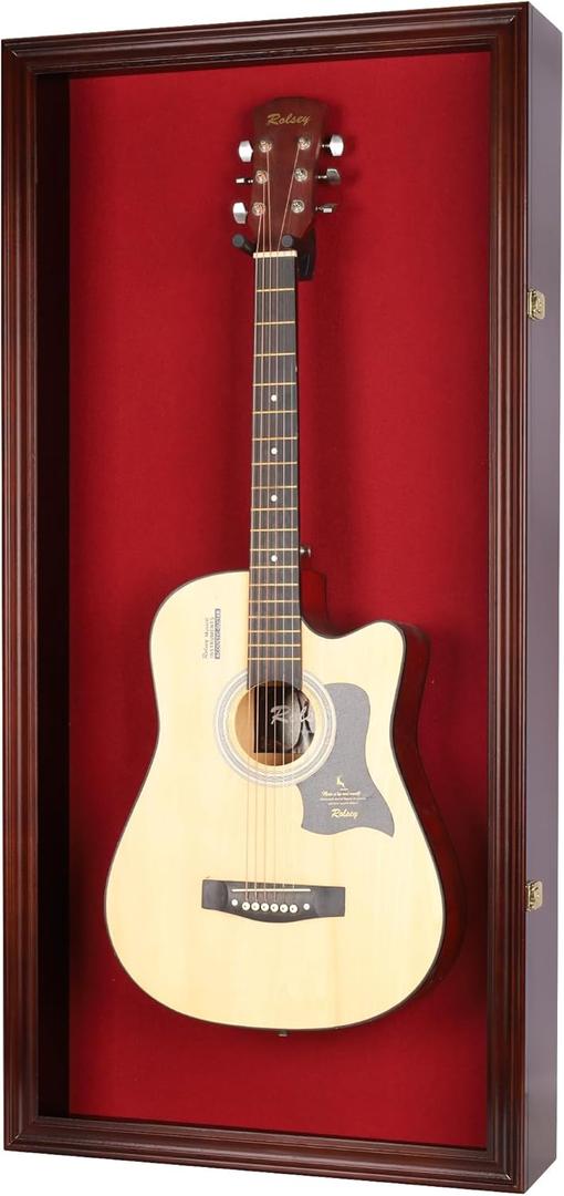 DisplayGifts 45" LARGE Acoustic Guitar Display Case Cabinet, Fit most Guitars, with Lock, Mahogany Finish (Red Background, Mahogany Finish)