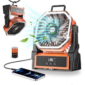 Portable Camping Fan Rechargeable with LED Lantern - 30000mAh Cordless Battery Powered Fan, 4 Speed USB Table Desk Fans, Battery Operated Tent Fans for Travel, Beach, Fishing, Home&Office (Orange)