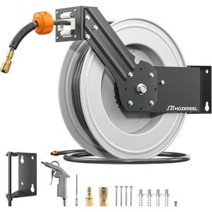 Steel Retractable Air Hose Reel,3/8" x 50 ft Hybrid Hose Max 300PSI,Heavy Duty Air Compressor Hose Reel with Auto Rewind/Quick Air Coupler/Durable Double Side Frame for Garage, Workshop.