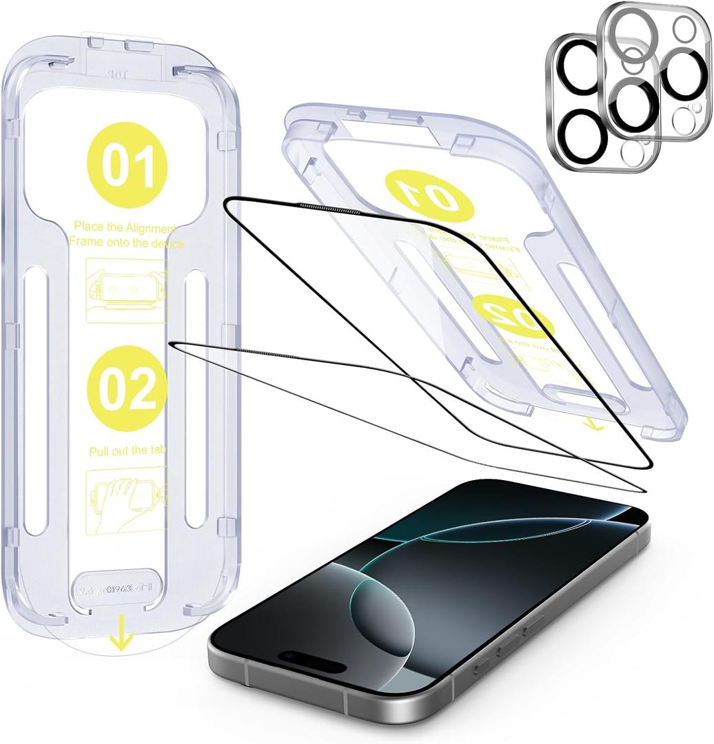 SODI Screen Protector for iPhone 16 Pro 6.3" with Camera Lens Protector[High Transparency][9H Tempered Glass][No Bubble][Auto-Alignment][Anti-scatch][Case Friendly][Full Coverage], 2+2 pack (Transparent)