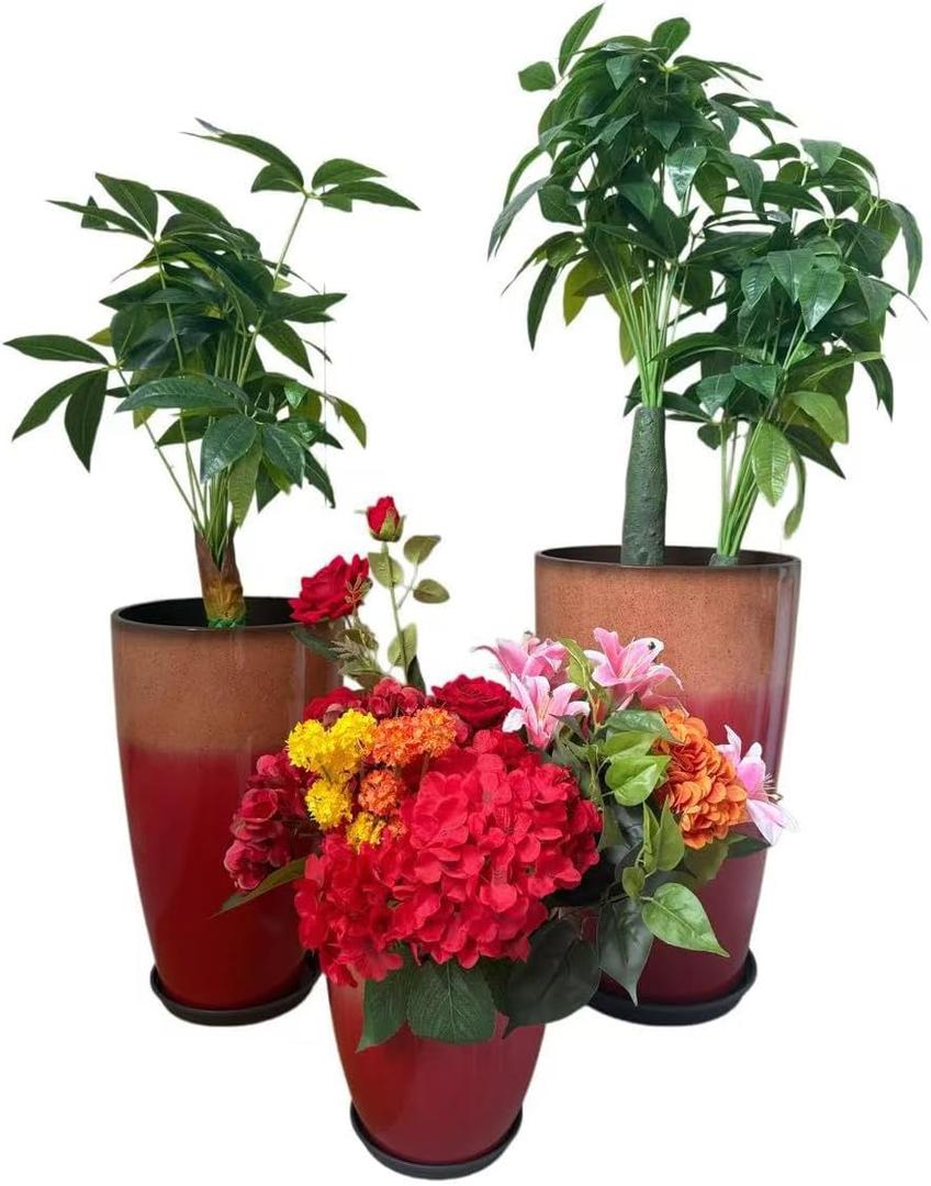 24,21,11 Inch Large Plastic Planters with Drainage Hole and Saucer - Set of 3 Tall Plant Pots Indoor Flower Pot Tall Round Planters Outdoor Large Tall Planter