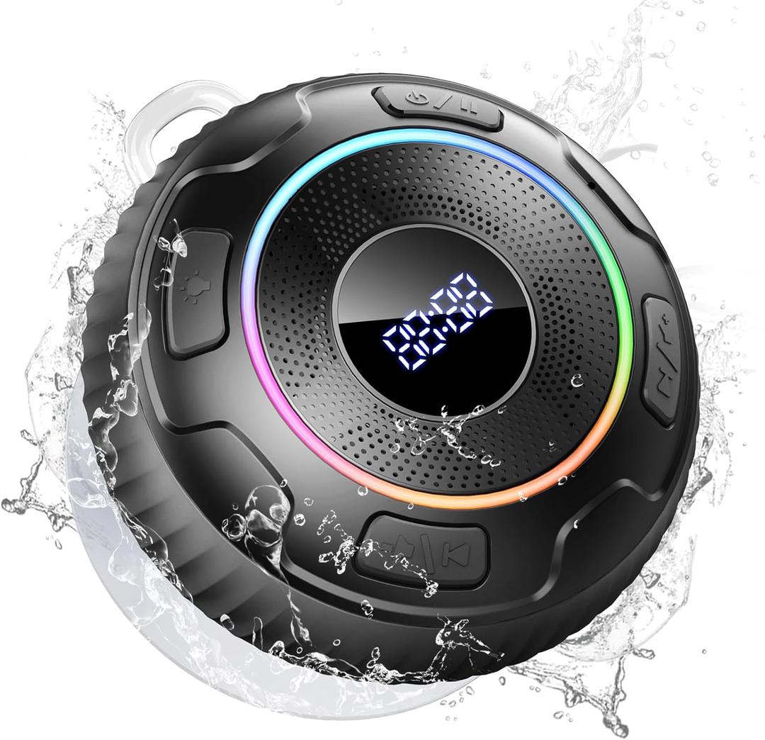 Hupoaf Bluetooth Shower Speaker, Wireless Bluetooth 5.3, HD Sound, Portable Speaker with Suction Cup/Hook, IPX7 Waterproof, with LED Light/Time Display, for Bathroom/Outdoor/Party/Beach/Kayak/Gift (Dark-black)