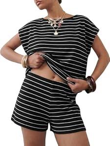 EXLURA Womens 2 Piece Sweater Sets Stripe Cap Sleeve Knit Tops Shorts Set Faux Cashmere Summer Beach Vacation Cruise Outfit, Black Stripe Medium