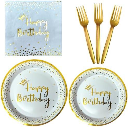 96 Pieces White and Gold Disposable Birthday Plates and Napkins Party Supplies,Plastic Forks Serve 24 Guests for Birthday Party Decorations