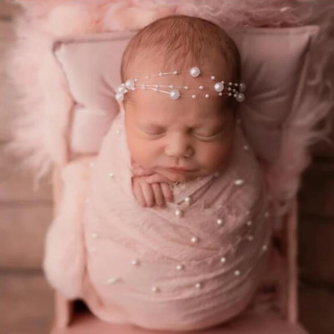 Zeroest Newborn Photography Wraps Baby Photoshoot Props 33.5" x 67" Pearl Raw Edge Wrap Headband for Infant Photos Outifts
