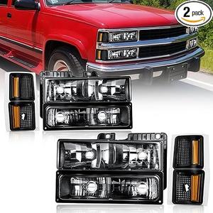 Headlights Assembly for Chevy C/K 1500 2500 Suburban / C1500 C2500 C3500 K1500 K2500 K3500 94-99 / Tahoe 95-99 / for 94 Chevy Blazer Black Housing Amber Reflector