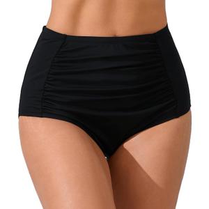 JOYBIK Womens High Waisted Full Ruched Bikini Swim Bottoms Tummy Control Full Coverage Swimsuit Bottoms (Black, M)