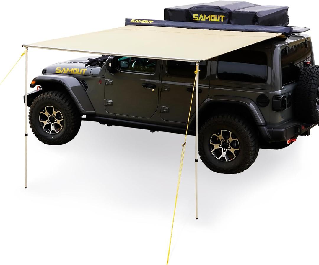 Vehicle Awning, 6.6ft x 10ft, Rooftop Pullout Ripstop UPF50+ Side Awning, Reinforced Hinges & Poles for Jeep/SUV/Truck/Van