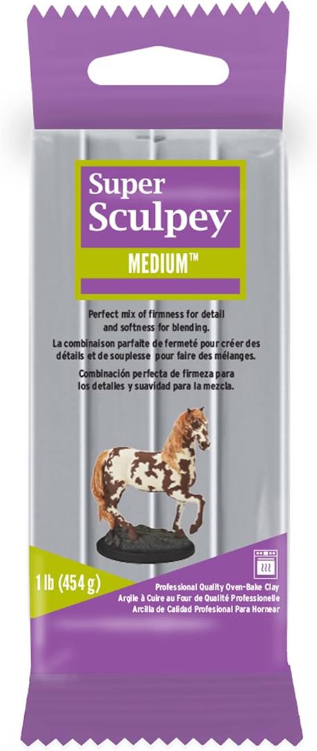 Super Sculpey Medium Gray, Premium, Non Toxic, Medium firmness, Sculpting Modeling Polymer clay, Oven Bake Clay, 1 pound bar. Great for all advanced sculptors, model makers and movie studios