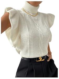 Floerns Women's Ruffle Trim Cable Knit Sweater Vest Turtleneck Sleeveless Tank Tops Beige Small