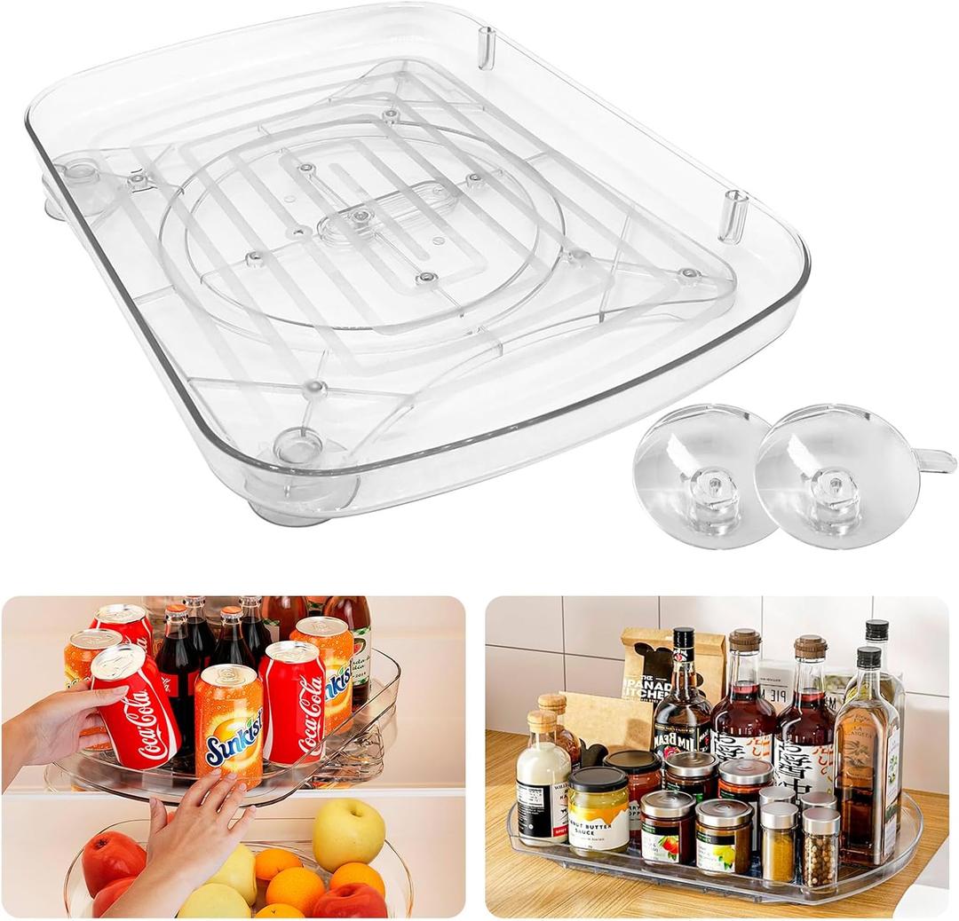 Lazy Susan Organizer 16.5''x11'' Fridge Organizers and Storage 360Rotating Lazy Susan Turntable Organizer for Refrigerator Rectangle Fridge Turntable for Kitchen, Cabinet, Pantry