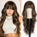 BARSDAR Long Wavy Highlight Wig With Bangs - 26 Inch Long Wavy Brown Mix Blonde Wig with Bangs for Women, Synthetic Balayage Hair Replacement Wigs Natural Looking Daily Cosplay Party Halloween