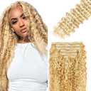 18 Inch P27/613 Blonde Body Wave Clip in Hair Extensions,120g 7pcs, Highlight Human Hair Extensions Honey Blonde Body Wave Clip ins for Women