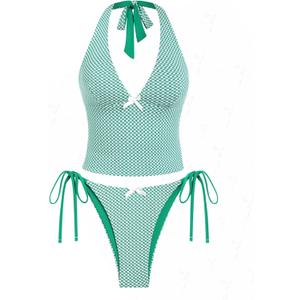 seamoly Red Gingham Floral Printed Halter Tie Side Chic Tankini Set (Small, Deep Green)