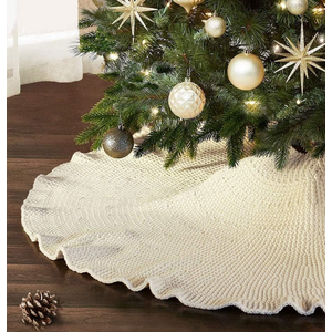 Knit Tree Skirt Ruffled Christmas Tree Skirt White 48 Inches Knitted Thick Rustic Xmas Holiday Decoration Large Xmas Tree Collar Mat Ivory White