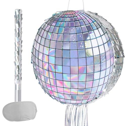WERNNSAI Disco Ball Piñata - Disco Party Decoration for Adult Birthday Party Supplies Hanging Disco Piñata with Bat Blindfold Mirror Roller Skating Pull String, 12.2” x 12.2”