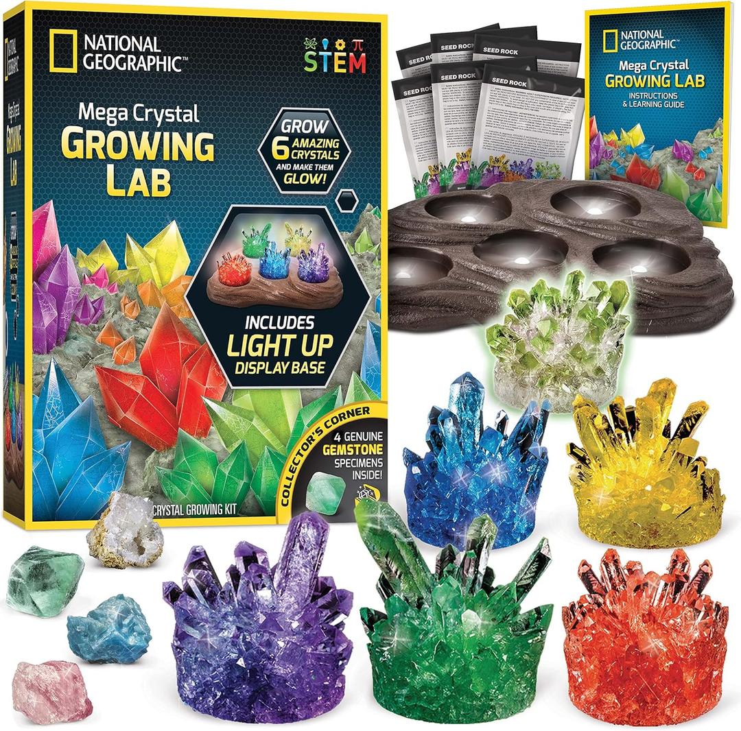 National Geographic Mega Crystal Growing Kit for Kids- Grow 6 Crystals with Light-Up Stand, Science Gifts for Kids 8-12, Crystal Making Experiment, Science Kit for Girls and Boys 
